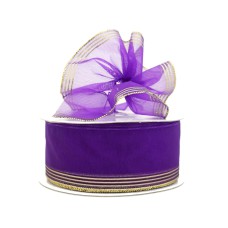 1.5 Inch Purple Organza Pull Bow Ribbon With 4 Rows of Gold Stripe Accents, 25 Yards (Lot of 1 Spool) SALE ITEM